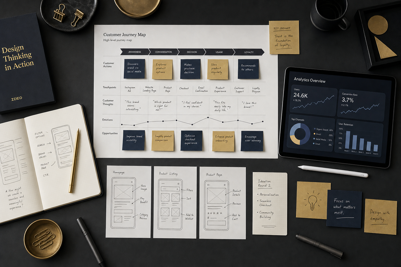 Strategic design workshop materials — journey maps, wireframes, and analytics dashboard